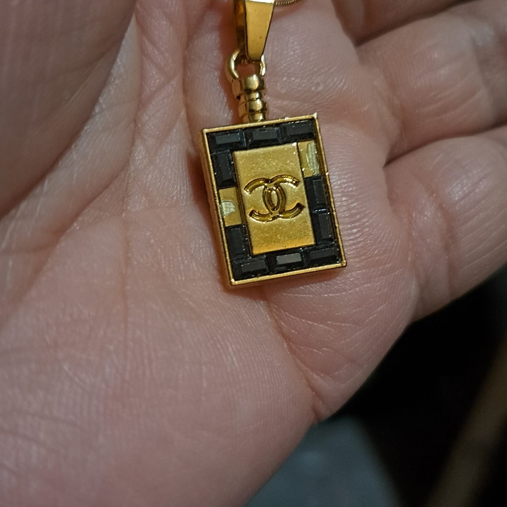 Gold and Black Rectangular CC Pendant Necklace